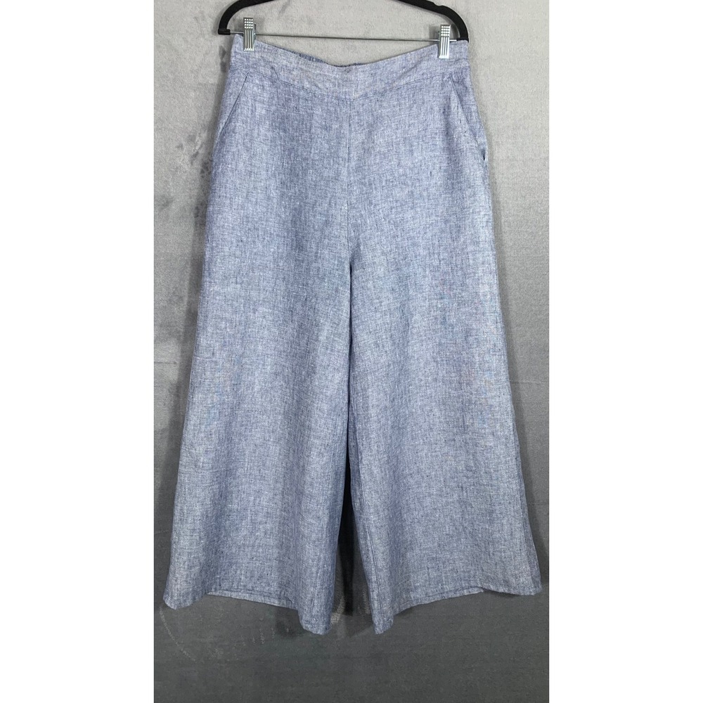Catherine Malandrino Blue 100% Linen Wide Leg Cropped Pants Culottes Sz M - L - Picture 2 of 8